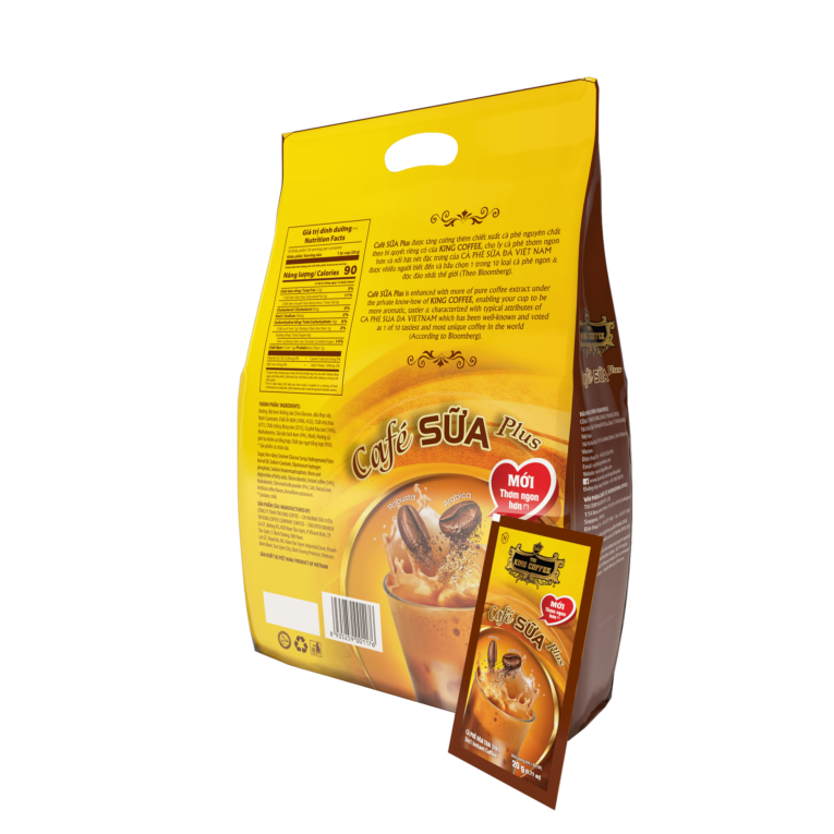 KING COFFEE Café SỮA Plus - Túi 1kg (50 sachets x 20g)- mat sau + sachets 1