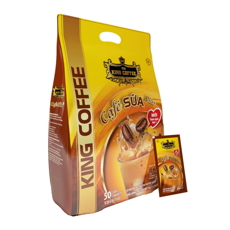 KING COFFEE Café SỮA Plus - Túi 1kg (50 sachets x 20g) - mat trc + sachets 1
