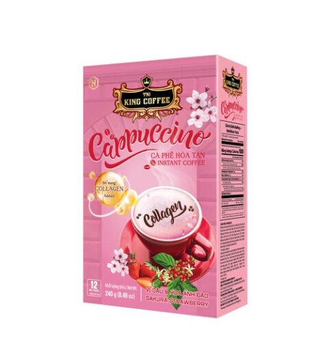 KING COFFEE Collagen Sakura Strawberry cappuccino instant coffee – Box 240 g (12 sticks x 20g)_VE