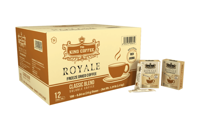 KING COFFEE ROYALE Classic Blend freeze dried soluble coffee - Box 24 g (12 sticks x 2g) - box + STICK + carton