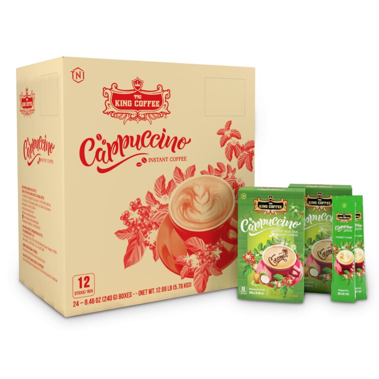 King coffee Cappuccino Coconut - Box 12 sticks x 20gr - box + sticks + carton